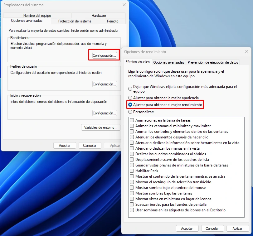 Windows 11 Ajustar para obtener el mejor rendimiento
